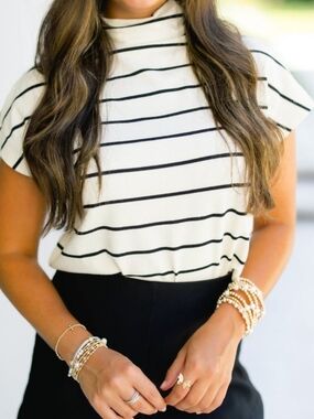 entro Black and Ivory Striped Mock Neck Short Sleeve Top